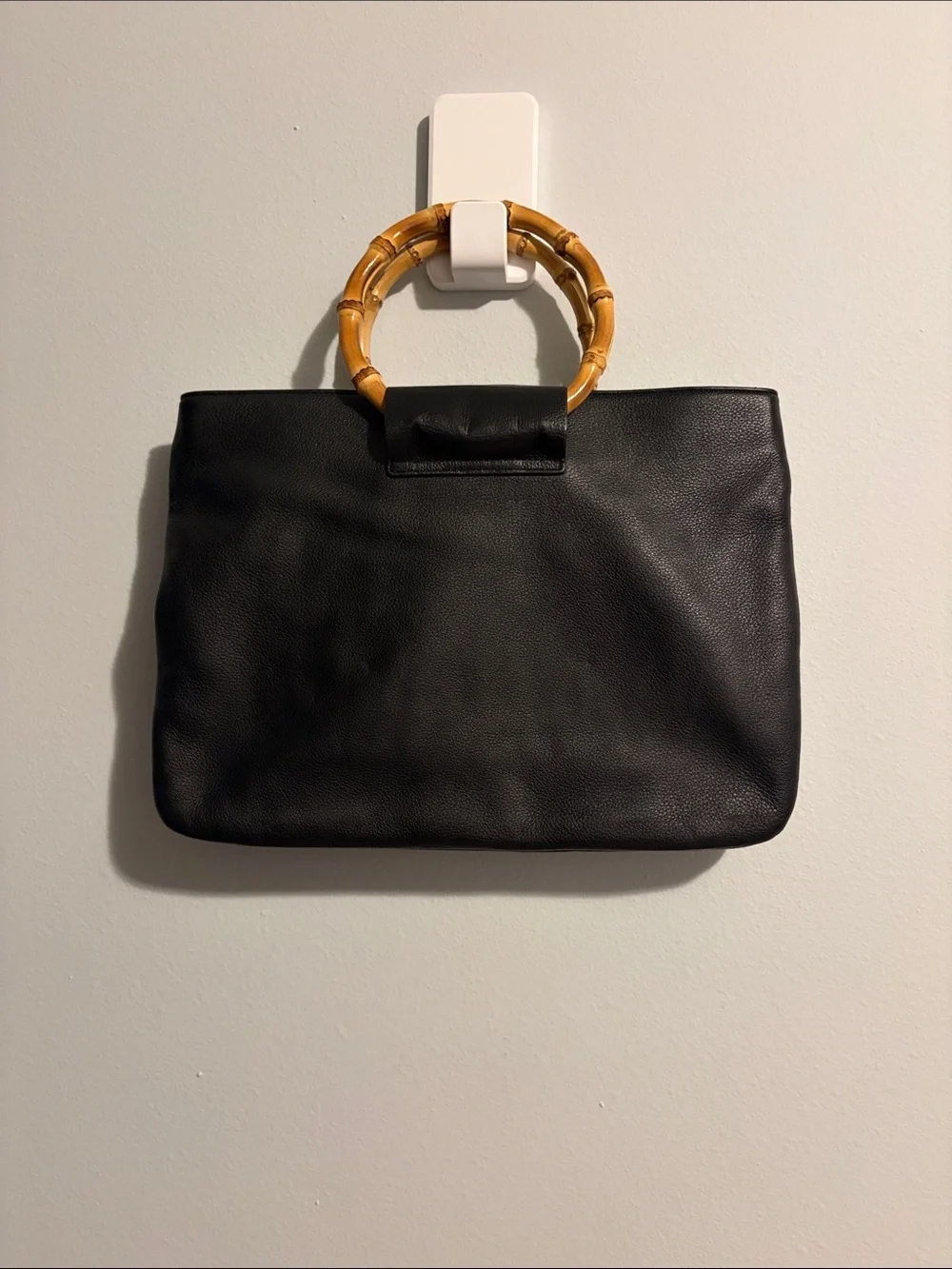 Talbots Black Leather Shoulder Bag with Bamboo Ring Handles